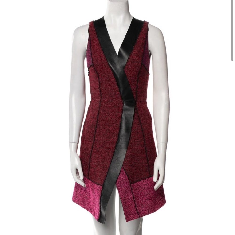 Proenza Schouler size 4 red and pink dress with lamb skin leather trim.